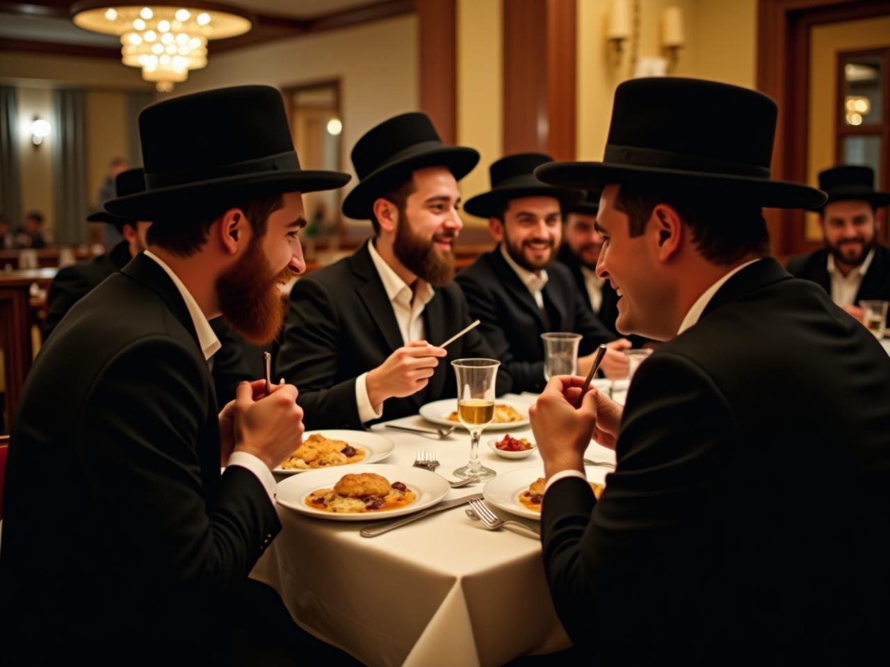 A group of young orthodox jewish men eating happily in a kosher italian restaurant.