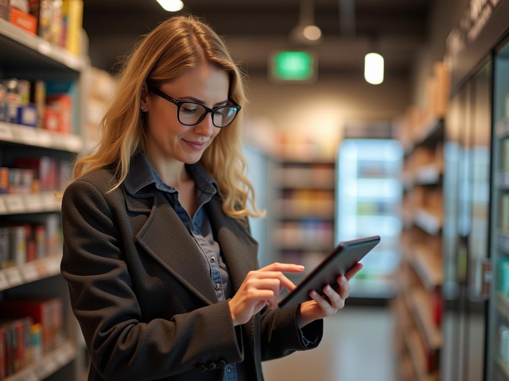 Dvora Brandes, expert in smart shopping for religious families, pointing to a business directory on a tablet.