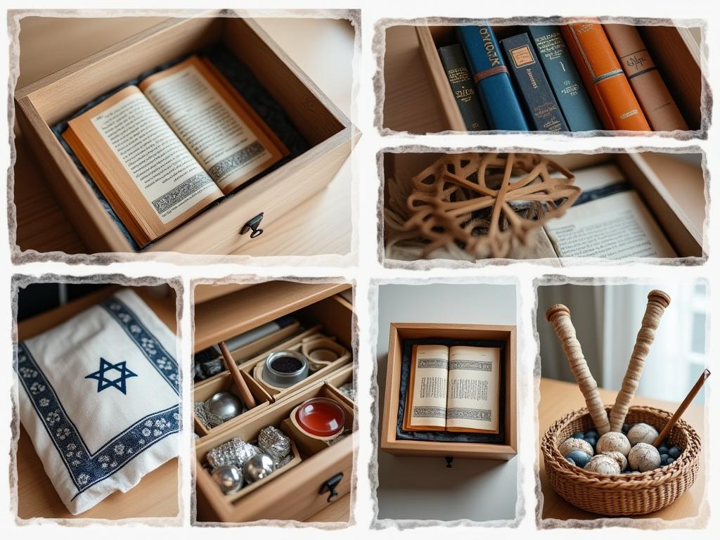 A collage of images showing organized religious items in a Jewish home: a decorated box with a prayer book, a shelf with neatly arranged books, a fabric cover for a tallit, a drawer with Shabbat candles, and a Havdalah set in a basket.
