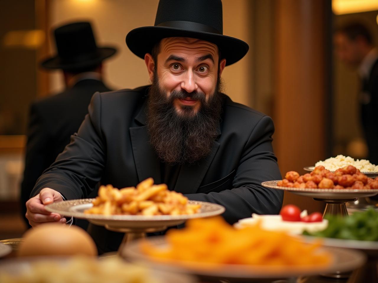 A humorous image depicting a young Haredi man (Lazer Kopulovitz) standing in front of a lavish kosher buffet, winking at the camera.