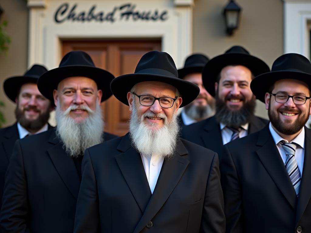 A group of young Haredi men smiling in front of a Chabad House in Europe.