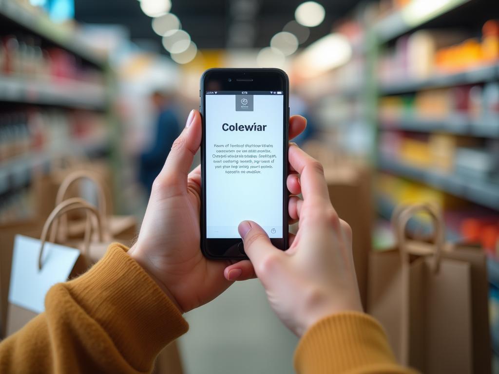 A hand holding a smartphone with a coupon app displayed, surrounded by shopping bags and price tags. The background features a blurred image of a kosher supermarket.