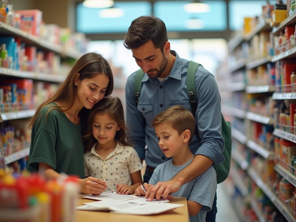 A family shopping for school supplies, with a focus on comparing prices.