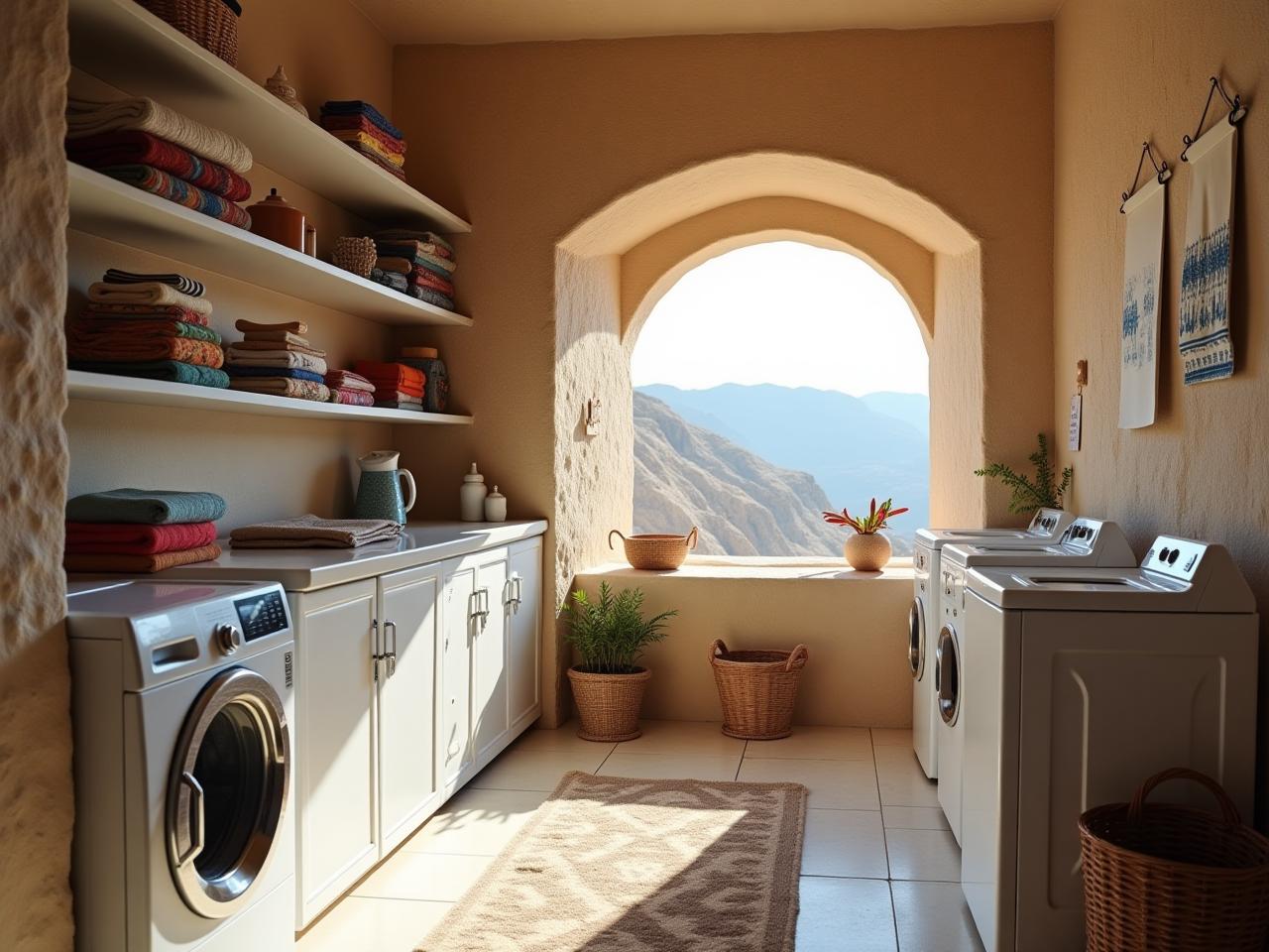 A cozy laundry room in a stone house, with white shelves, colorful textiles, and a view of the Zfat mountains.