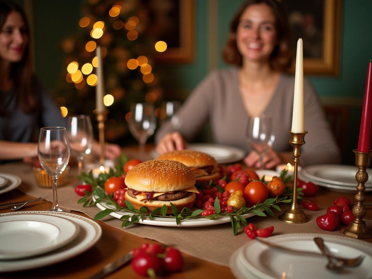 A table set for a festive holiday meal, with a smiling woman (presumably Chani Rozen) in the background.