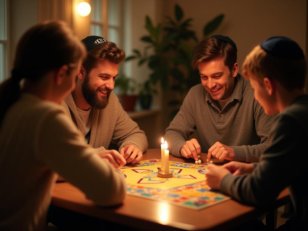 A family happily playing board games on Shabbat table