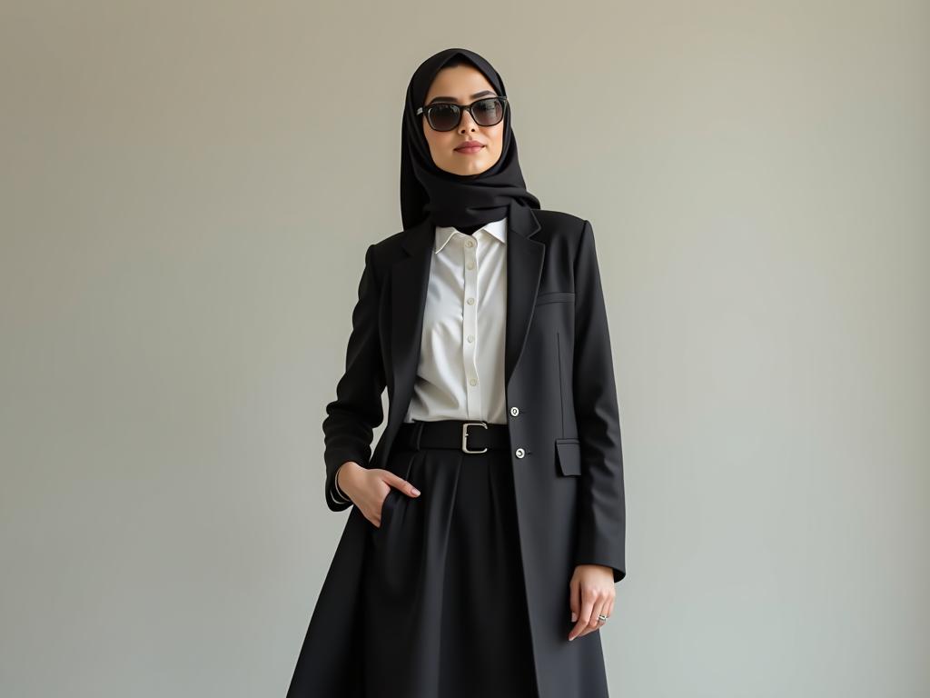 A stylish religious woman wearing a modest outfit with a midi skirt and fashionable accessories.