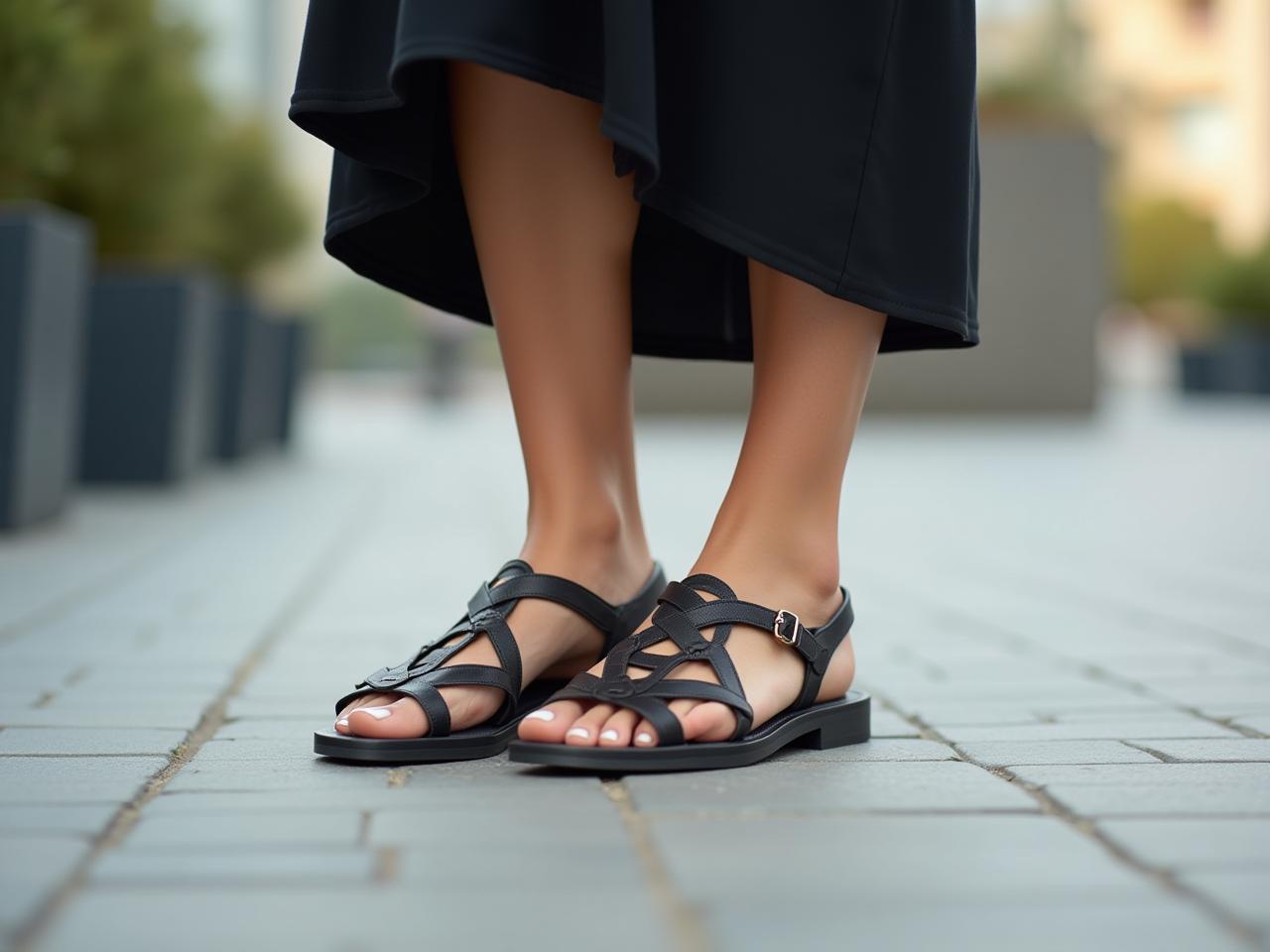 A fashionable and modest woman wearing stylish and comfortable shoes for Shabbat or holidays.
