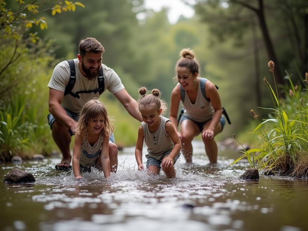 Family with young children enjoying a shallow water hike in nature. The parents are helping the children explore the stream, and the scene conveys a sense of joy, adventure, and family connection.