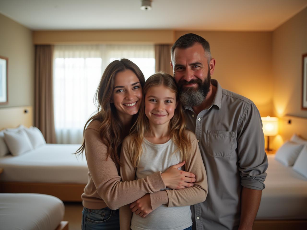 A happy religious family stands in a large hotel room with multiple beds and smiles at the camera.