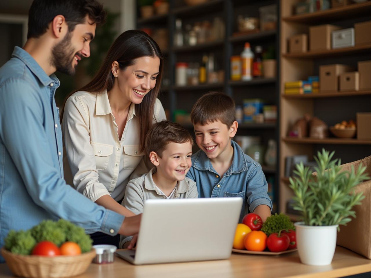 A family shopping online for groceries with a laptop, looking happy and relaxed.