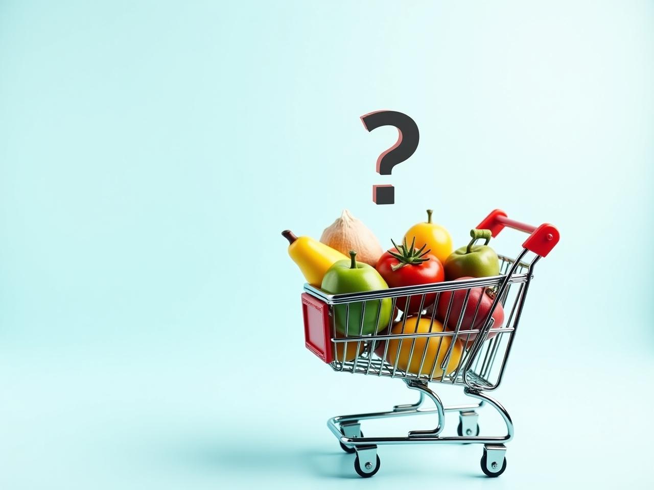 A shopping cart filled with groceries, with a question mark hovering above it.