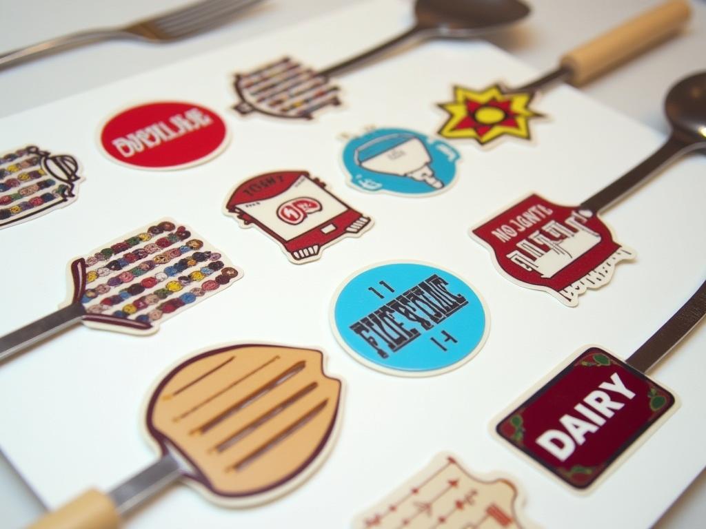 Various colorful stickers labeled "Meat" and "Dairy" on kitchen utensils.