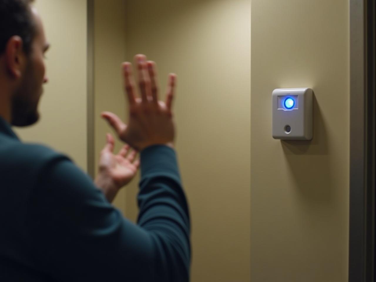 A person waving their hands in a public restroom to activate a motion sensor light.