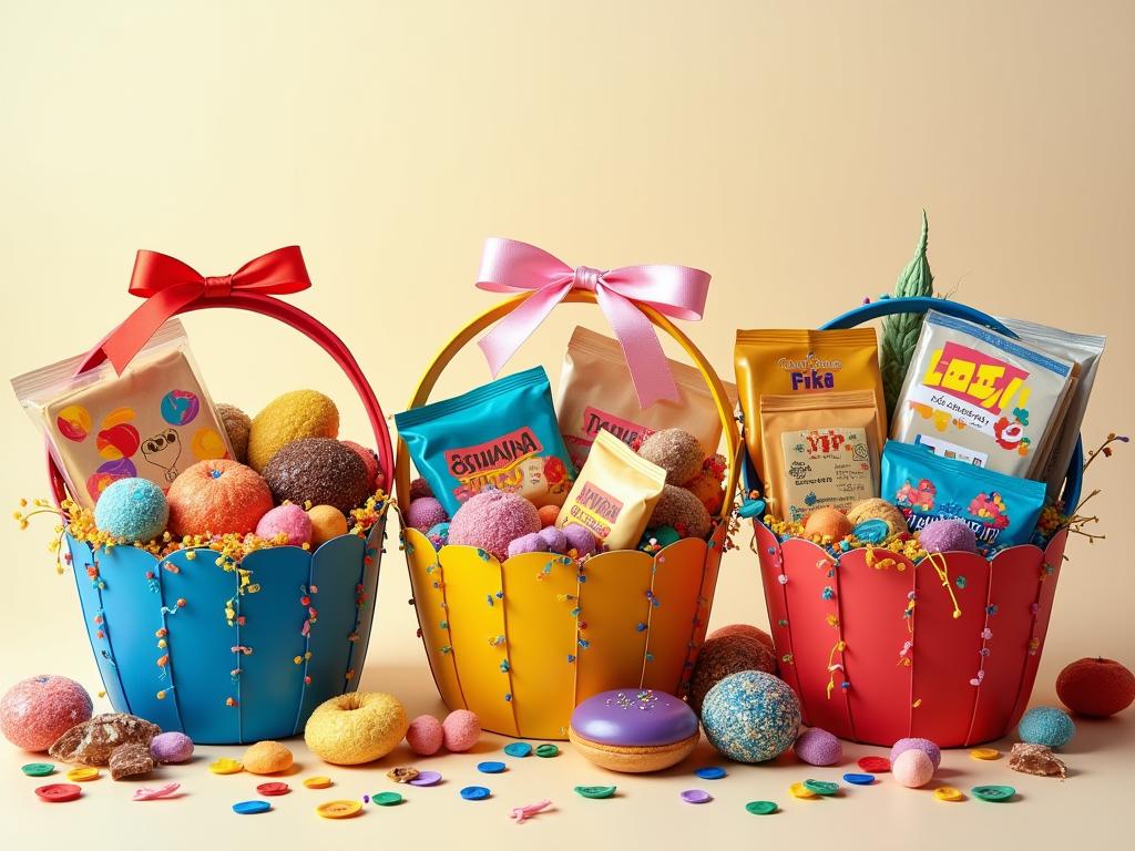 Colorful mishloach manot (Purim gift baskets) with various treats and creative decorations.