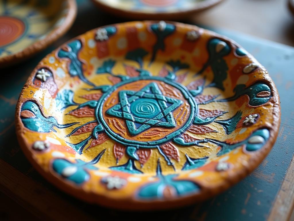 Close-up of a colorful and textured Jewish art piece, possibly a ceramic seder plate or a woven tallit, in a studio setting in Tzfat.