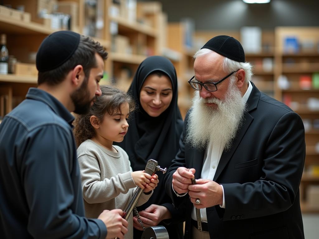 A religious family looking at tools in a hardware store, considering whether to rent or buy.