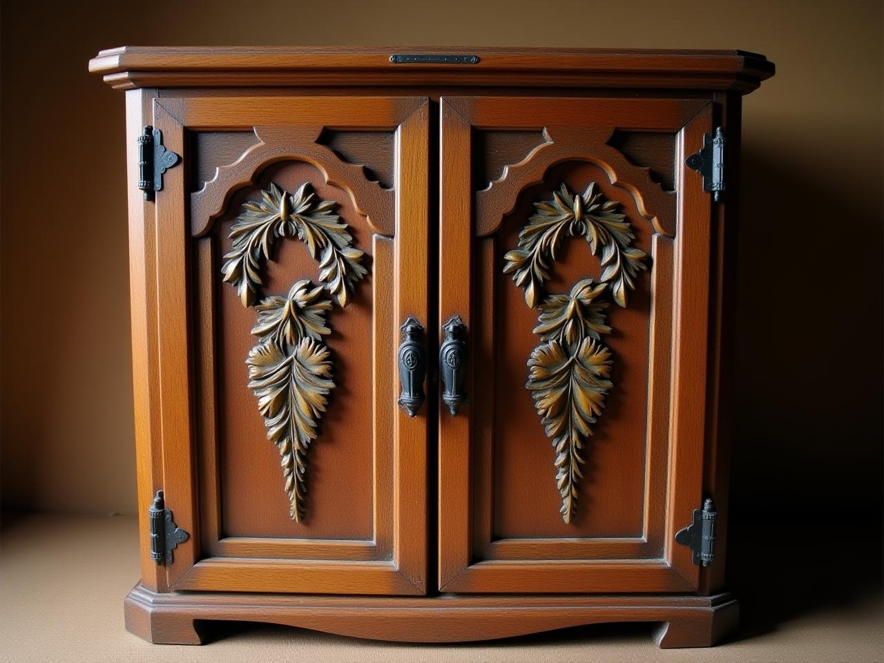 A wooden cabinet with carved grape leaves, designed for storing medicines.