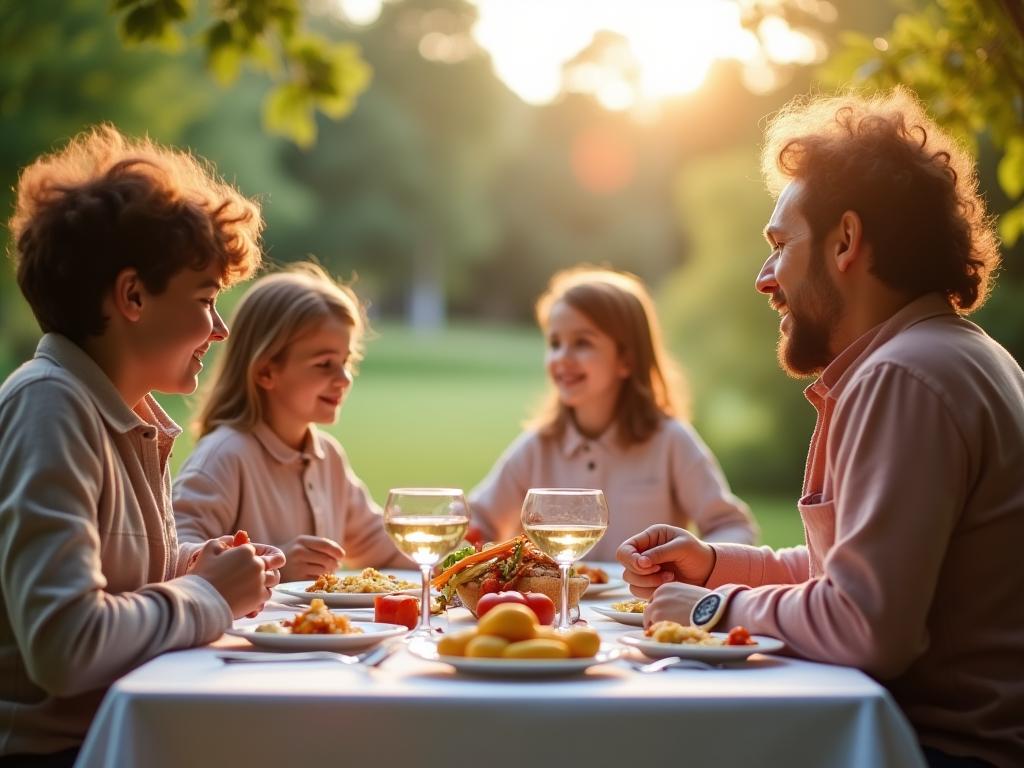 A family enjoying a kosher meal outdoors with a scenic view.