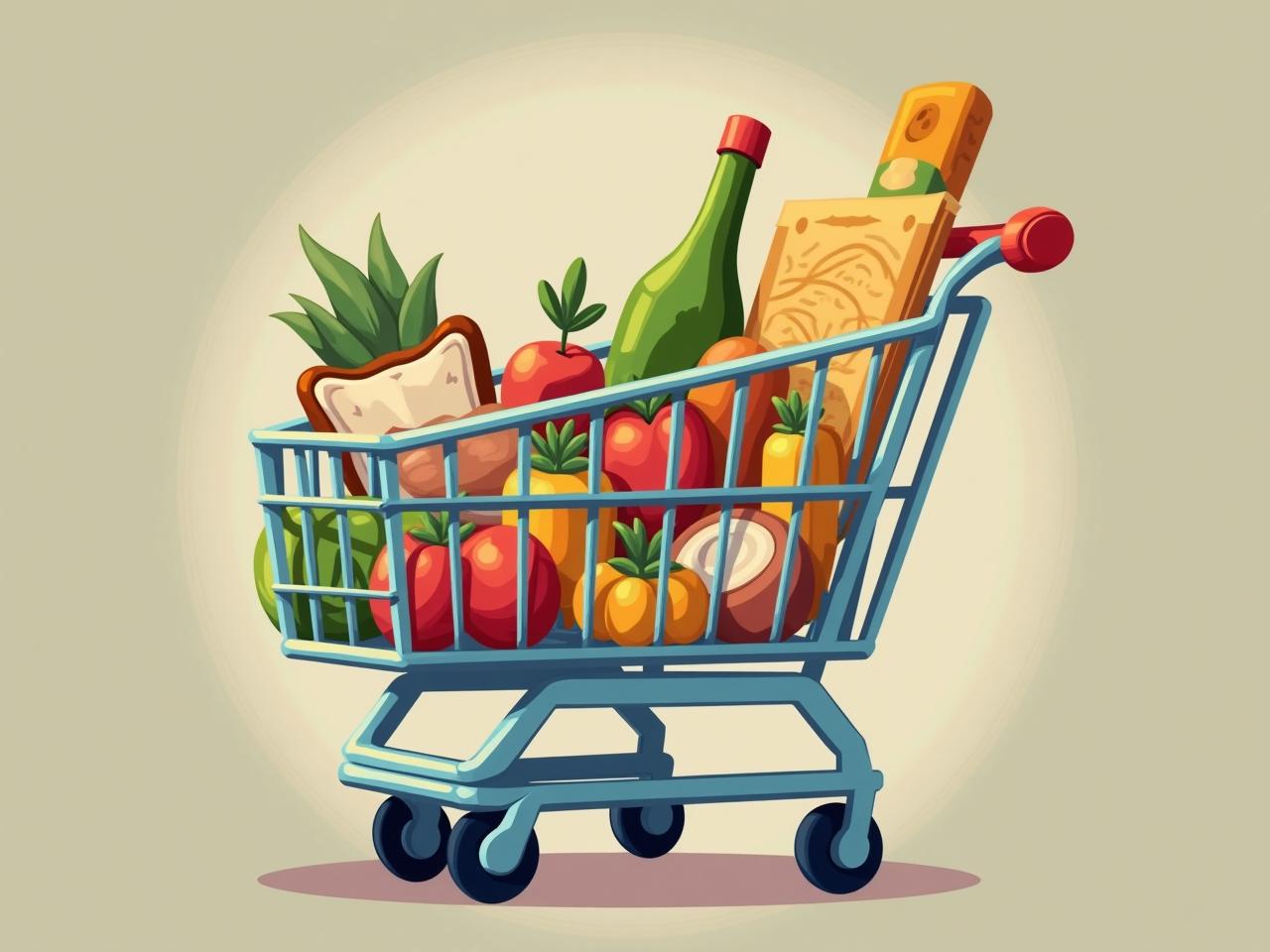 A family shopping cart with healthy and allergen-free food items.