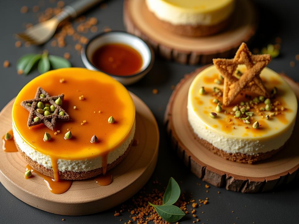 Overhead shot of three different baked cheesecakes on rustic wooden platters, decorated with caramel drizzle, pistachios, and lemon zest. The lighting is warm and inviting.
