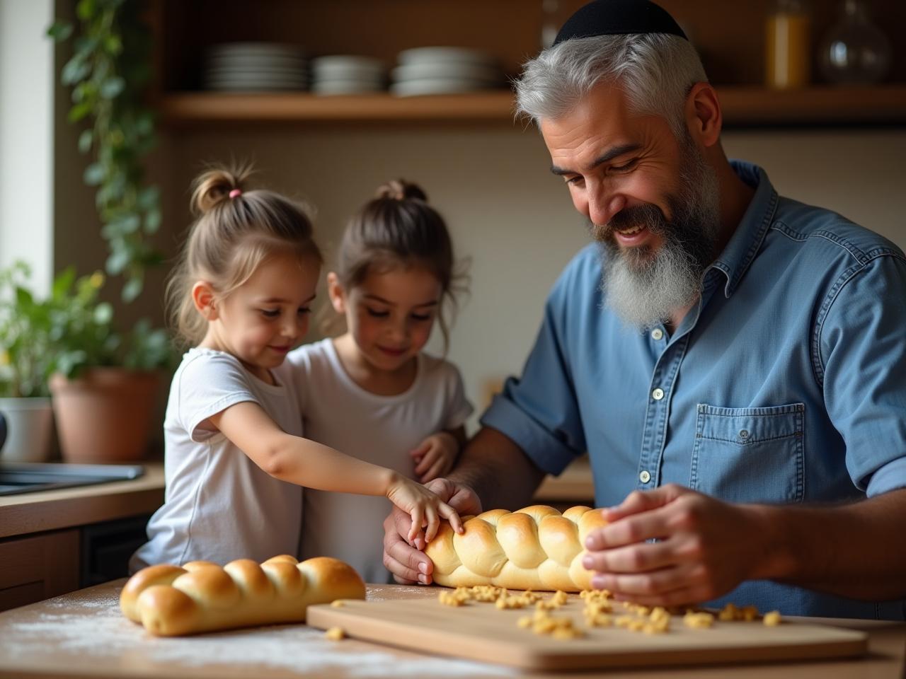 Mendy Greenberg baking challah bread with his family.